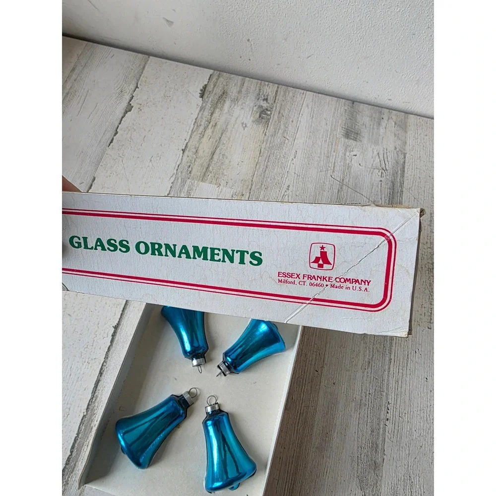 Vintage Franke Blue Bell mercury glass ornament set box Xmas tree